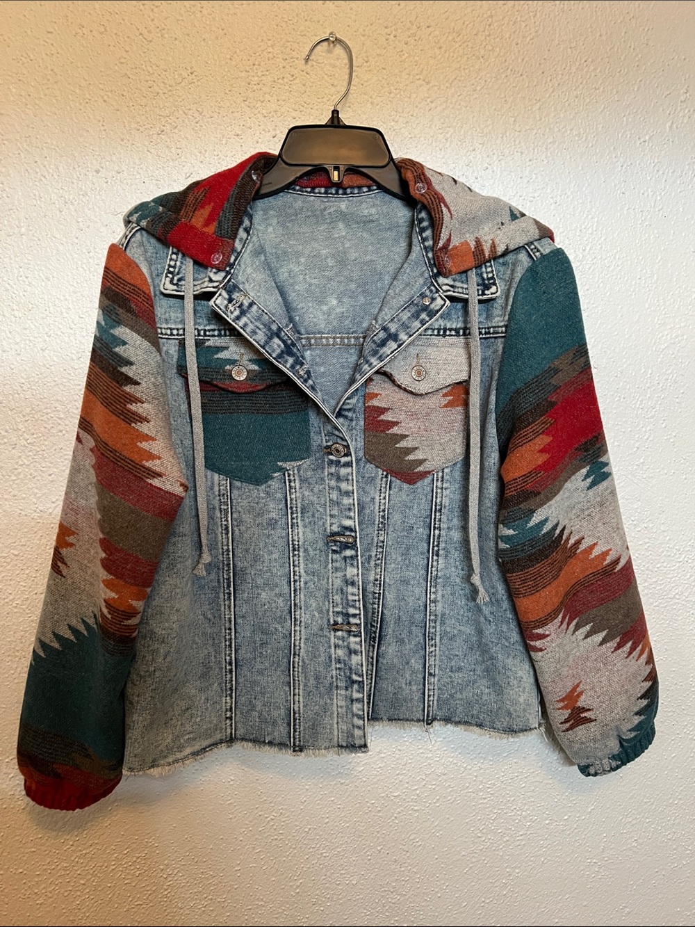 Women’s Denim Jean Jacket with Aztec Knit Hood - Blue/Multicolor